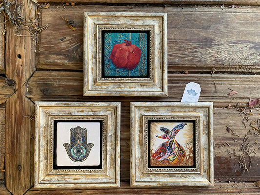 Framed Stone Wall Decoration Painting Set of 3 8" x 8" Pomegranate Fatma Ana Eli Whirling Dervish