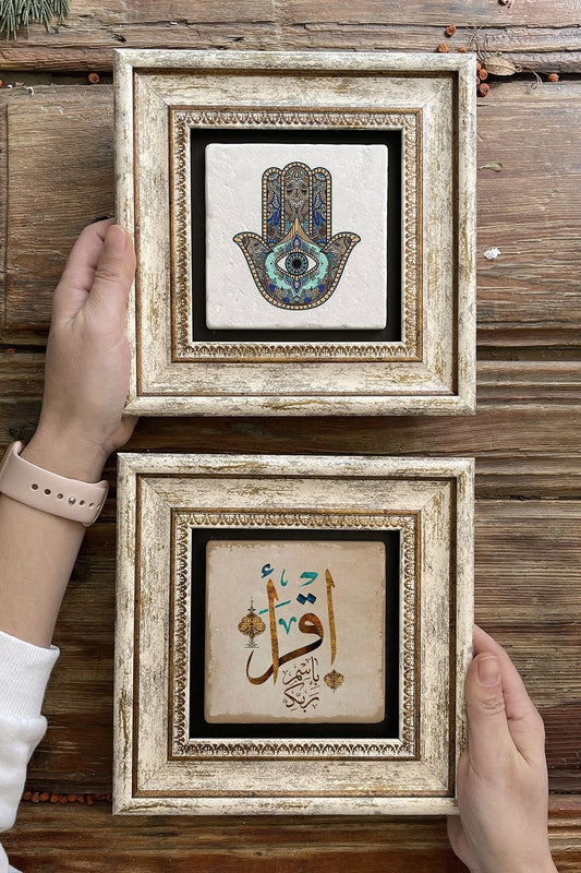Framed Stone Wall Decoration Painting 8" x 8" Set of 2 (114-335) Fatma Ana Ikra