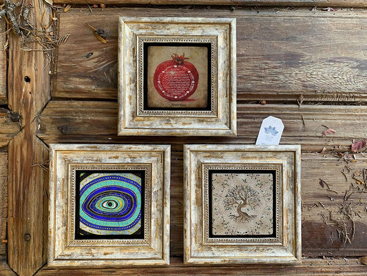 Framed Stone Wall Decoration Painting Set of 3 8" x 8" Pomegranate Prayer Tree of Life Evil Eye