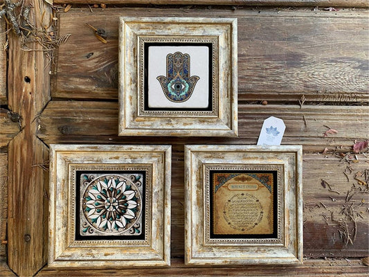 Framed Stone Wall Decoration 8" x 8" Set of 3 Fatima Mother Hand Fertility Prayer and Pattern