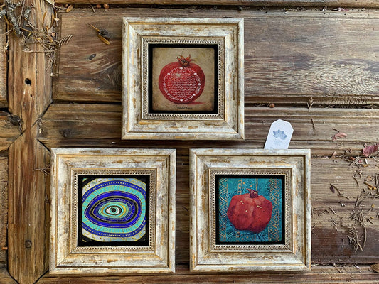 Framed Stone Wall Decoration Painting Set of 3 8" x 8" Evil Eye Pomegranate Prayer