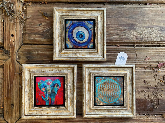 Framed Stone Wall Decoration Painting Set of 3 8" x 8" Evil Eye Elephant Flower of Life