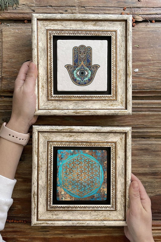 Framed Stone Wall Decoration Painting 8" x 8" Set of 2 (114-1090) Fatma Flower of Life