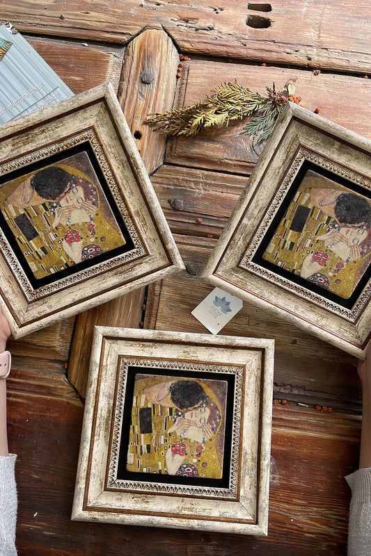 Framed Stone Wall Decoration Painting 8" x 8" Set of 3 Gustav Klimt The Last Kiss Painting