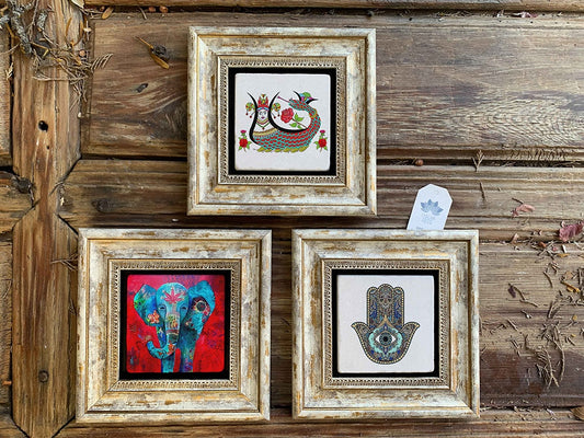 Framed Stone Wall Decoration Painting Set of 3 8" x 8" Shahmaran Elephant and Fatima Mother Hand
