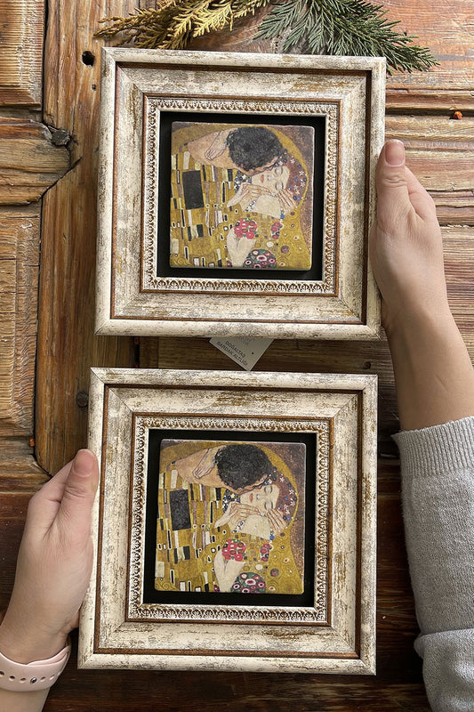 Framed Stone Wall Decoration Painting 8" x 8" Set of 2 Gustav Klimt The Last Kiss