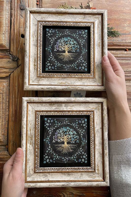 Framed Stone Wall Decoration Painting 8" x 8" Set of 2 Black Tree of Life