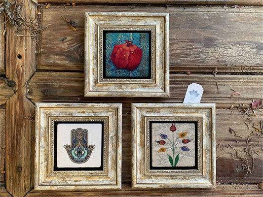 Framed Stone Wall Decoration 8" x 8" Set of 3 Pomegranate Fatma Ana Eli Ebruli Tulip