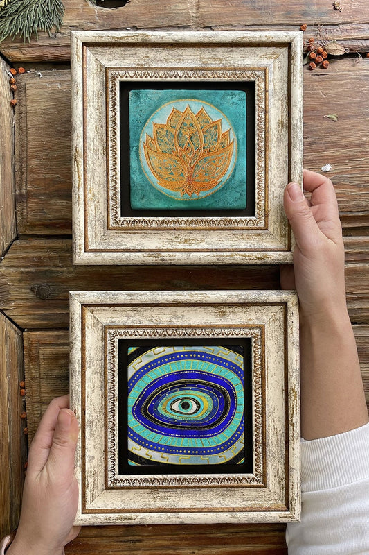 Framed Stone Wall Decoration Painting 8" x 8" Set of 2 (1100-1077) Evil Eye Lotus