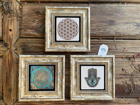 Framed Stone Wall Decoration Painting Set of 3 8" x 8" Fatma Mother Flower of Life
