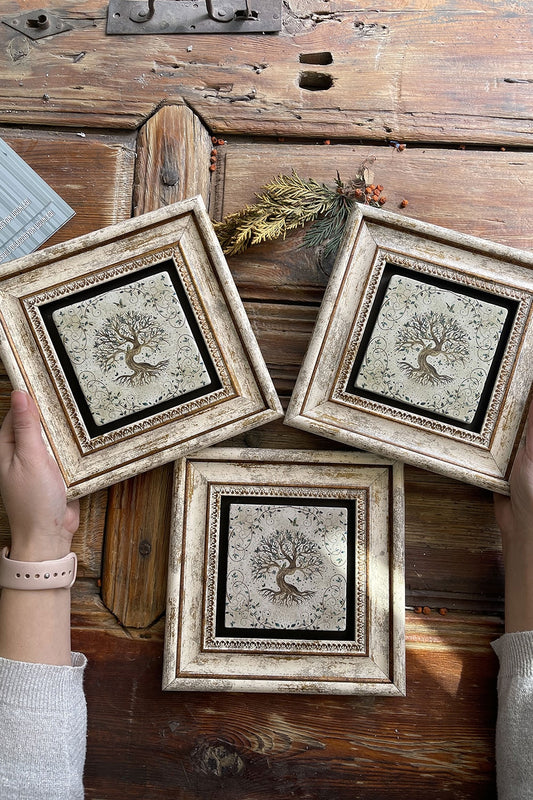 Framed Stone Wall Decoration Painting 8" x 8" Set of 3 Tree of Life