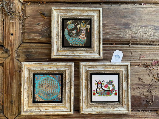 Framed Stone Wall Decoration Painting Set of 3 8" x 8" Shahmaran Set and Flower of Life