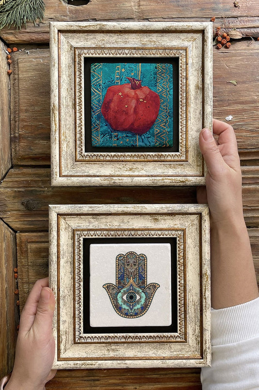Framed Stone Wall Decoration Painting 8" x 8" Set of 2 (480-114) Nar Fatma Ana