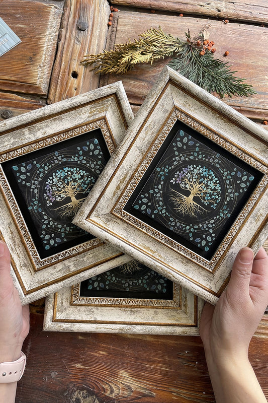 Framed Stone Wall Decoration Painting 8" x 8" Set of 3 Black Tree of Life