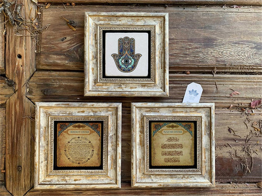 Framed Stone Wall Decoration 8" x 8" Fatma's hand Prayer for Abundance and Evil Eye