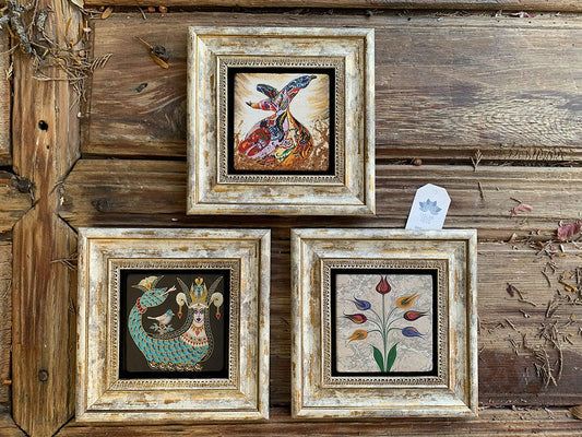 Framed Stone Wall Decoration Painting Set of 3 8" x 8" Şahmeran Whirling Dervish Ebruli