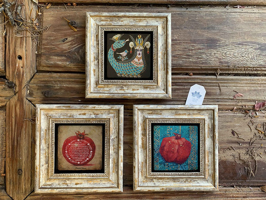 Framed Stone Wall Decoration Painting Set of 3 8" x 8" Pomegranate Painting Pomegranate Prayer Shahmeran
