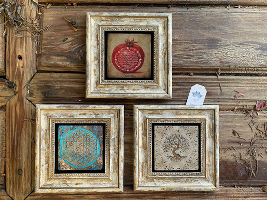 Framed Stone Wall Decoration Painting Set of 3 8" x 8" Pomegranate Prayer Tree of Life Flower of Life