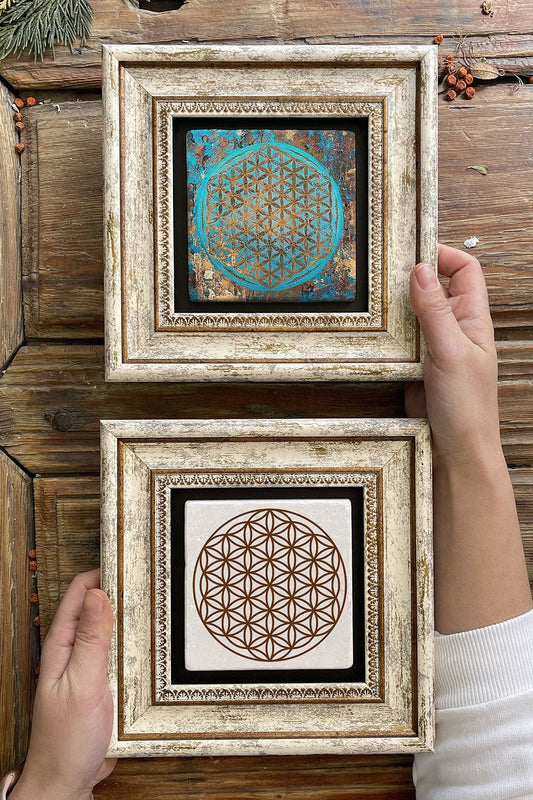 Framed Stone Wall Decoration Painting 8" x 8" Set of 2 (1090-7774) Life Flower of Life
