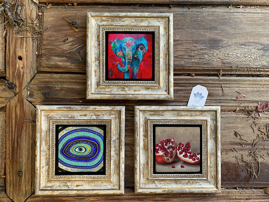 Framed Stone Wall Decoration Painting Set of 3 8" x 8" Elephant Pomegranate and Evil Eye