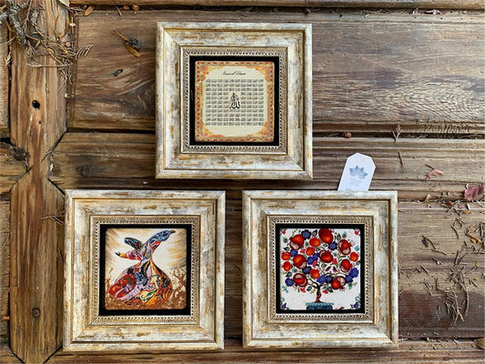 Framed Stone Wall Decoration 8" x 8" Set of 3 Pomegranate Tree Esmaül Hüsna Whirling Dervish