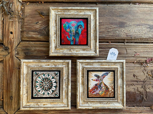 Framed Stone Wall Decoration Painting Set of 3 8" x 8" Elephant Pattern Whirling Dervish