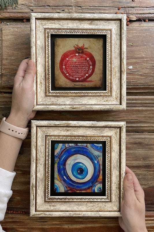 Framed Stone Wall Decoration Painting 8" x 8" Set of 2 (1104-1481) Blessings Pomegranate Evil Eye