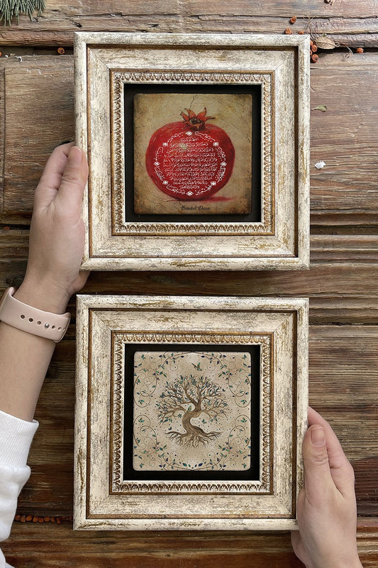 Framed Stone Wall Decoration Painting 8" x 8" Set of 2 (1104-540) Abundance Tree of Life