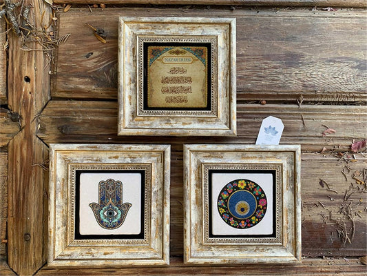 Framed Stone Wall Decoration 8" x 8" Set of 3 Fatima Mother's Hand, Evil Eye Prayer and Beads