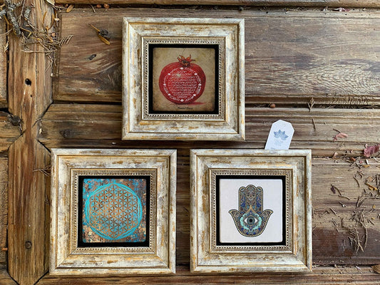 Framed Stone Wall Decoration Painting Set of 3 8" x 8" Pomegranate Prayer Flower of Life Fatma Ana