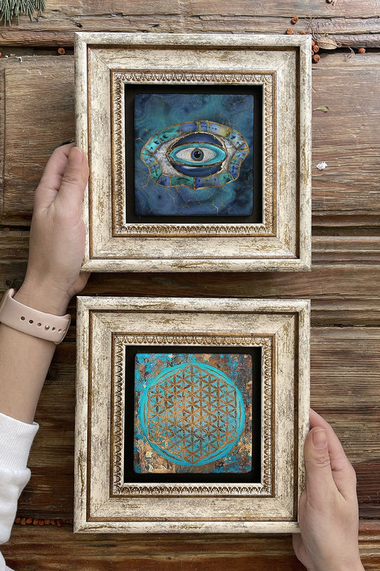 Framed Stone Wall Decoration Painting 8" x 8" Set of 2 (1090-1150) Life Evil Eye