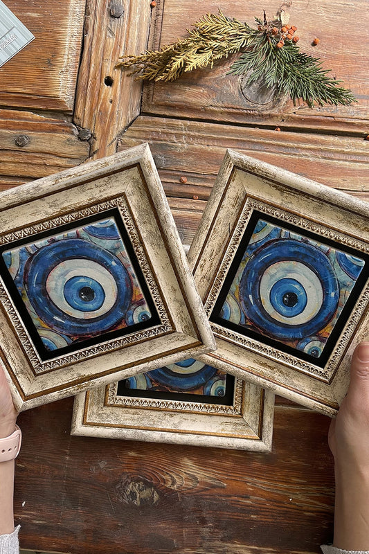 Framed Stone Wall Decoration Painting 8" x 8" Set of 3 Evil Eye Beads