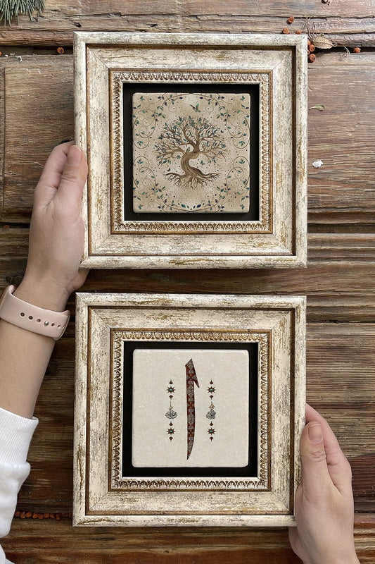 Framed Stone Wall Decoration Painting 8" x 8" Set of 2 (540-321) Tree of Life Elif
