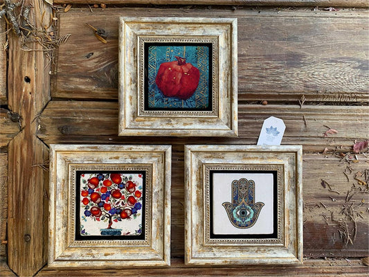 Framed Stone Wall Decoration 8" x 8" Fatma's hand Pomegranate tree Pomegranate