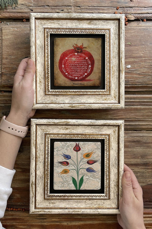Framed Stone Wall Decoration Painting 8" x 8" Set of 2 (1104-499) Bereket Nar Ebruli