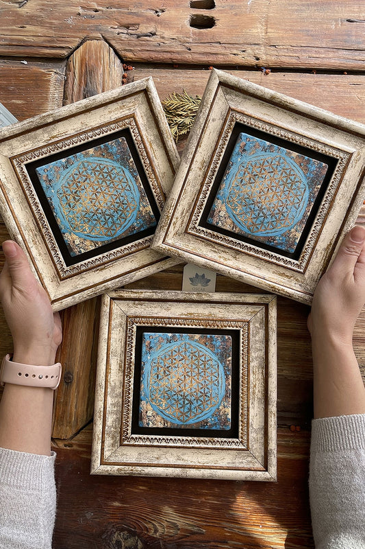 Framed Stone Wall Decoration Painting 8" x 8" Set of 3 Flower of Life