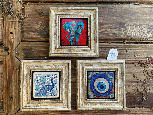 Framed Stone Wall Decoration Painting Set of 3 8" x 8" Elephant Peacock Evil Eye Bead