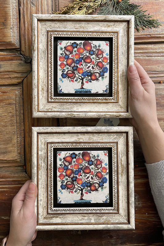 Framed Stone Wall Decoration Painting 8" x 8" Set of 2 Pomegranate Tree