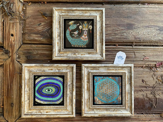Framed Stone Wall Decoration Painting Set of 3 8" x 8" Shahmeran Evil Eye Flower of Life