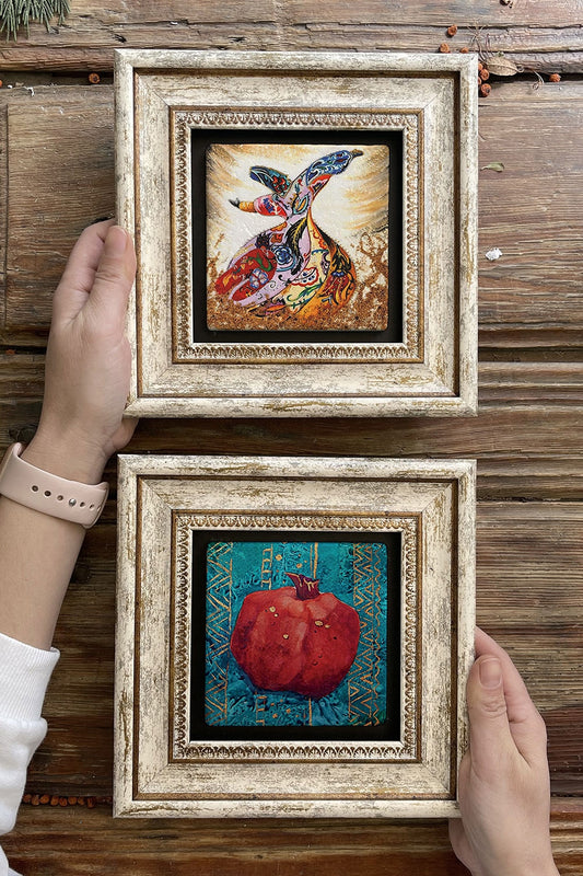 Framed Stone Wall Decoration Painting 8" x 8" Set of 2 (480-60) Pomegranate Whirling Dervish