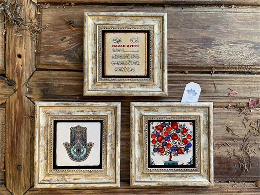 Framed Stone Wall Decoration 8" x 8" Pomegranate Tree Fatima Mother Hand Evil Eye Prayer Set of 3