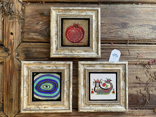 Framed Stone Wall Decoration Painting Set of 3 8" x 8" Shahmeran Evil Eye Pomegranate