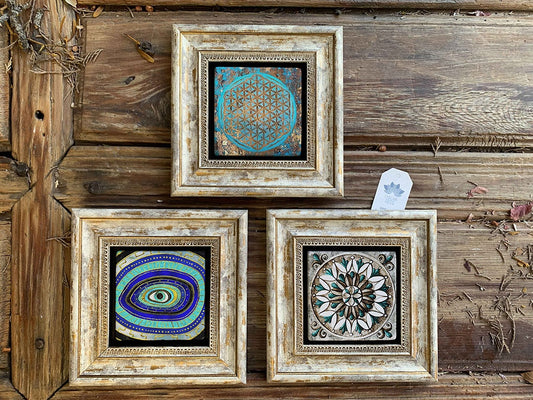 Framed Stone Wall Decoration Painting Set of 3 8" x 8" Flower of Life Pattern Evil Eye