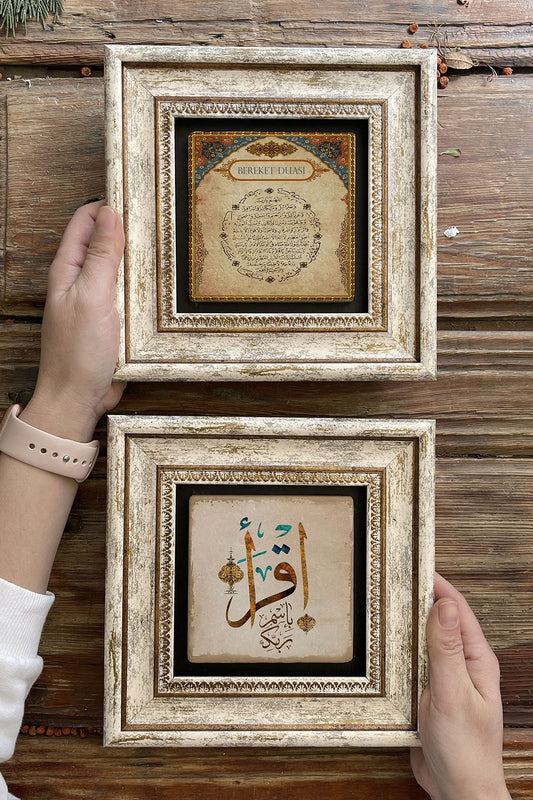 Framed Stone Wall Decoration Painting 8" x 8" Set of 2 (462-335) Blessing Prayer Offering