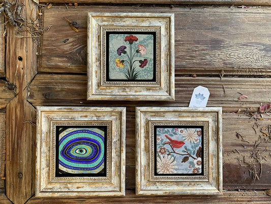 Framed Stone Wall Decoration Painting Set of 3 8" x 8" Evil Eye Bird and Marbling