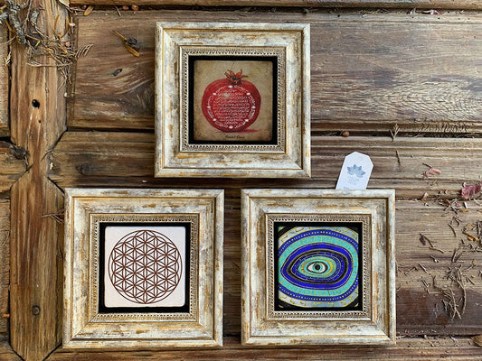 Framed Stone Wall Decoration Painting Set of 3 8" x 8" Pomegranate Prayer Evil Eye Flower of Life