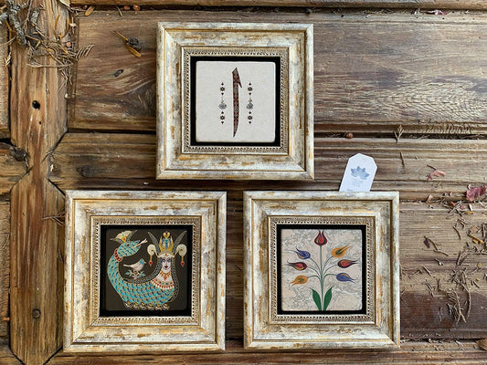 Framed Stone Wall Decoration Painting Set of 3 8" x 8" Şahmeran Ebruli Elif