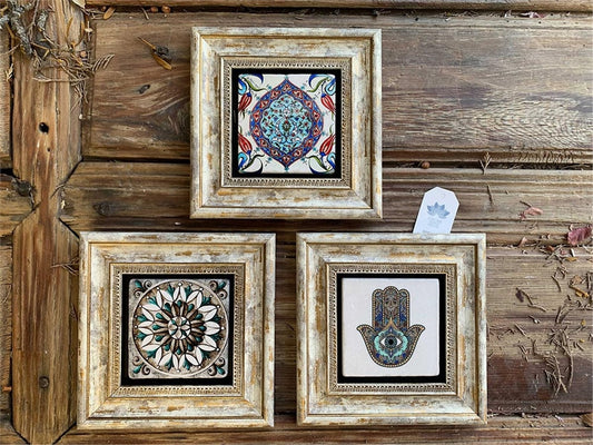 Framed Stone Wall Decoration 8" x 8" Fatma Mother Hand Pattern Tile