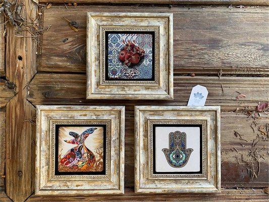 Framed Stone Wall Decoration 8" x 8" Set of 3 Fatma Mother's Hand, Pomegranate and Whirling Dervish