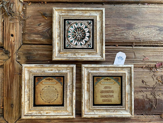 Framed Stone Wall Decoration 8" x 8" Set of 3 Pattern Blessings and Evil Eye Prayer